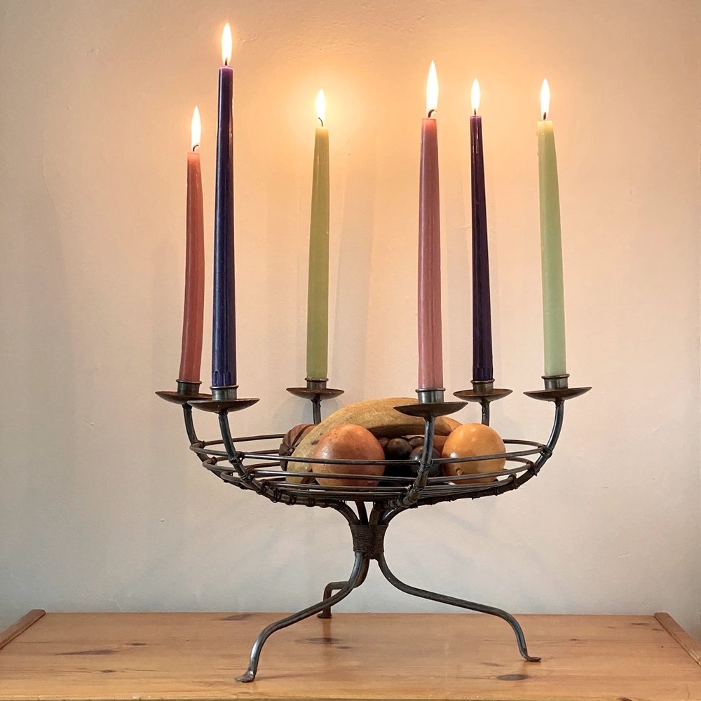 Brutalist 6 candelabra w large spiral bowl basket; dinner table centerpiece
